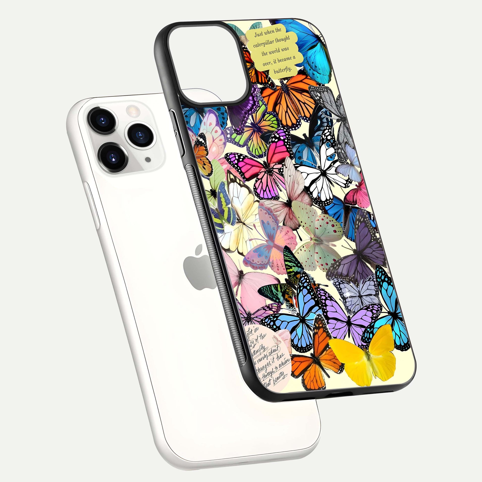 Butterflies Petal Dream Glass Case for iPhone 11 Pro floating mockup displaying detailed print and premium glass glow