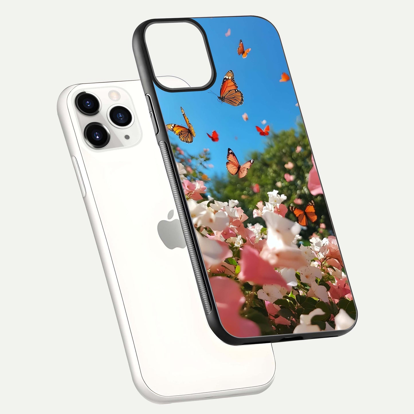 Butterflies in Bloom Sky Glass Case for iPhone 11 Pro floating mockup capturing butterfly motion and edge design