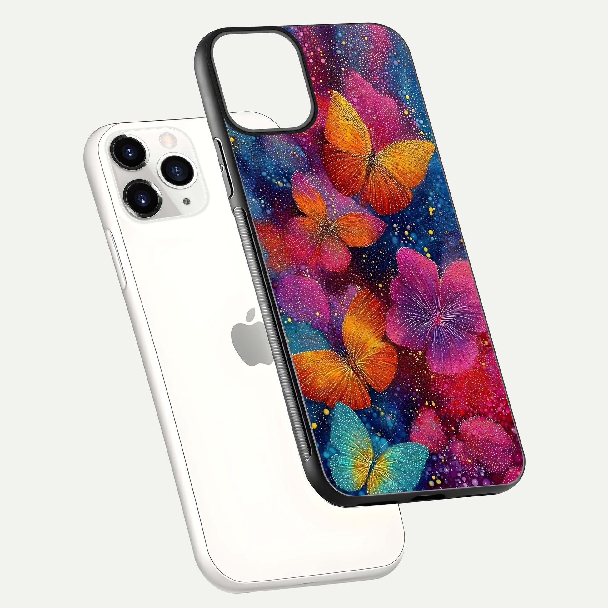 Butterfly Dream Mist Glass Case for iPhone 11 Pro floating mockup displaying glass shine and ethereal art depth