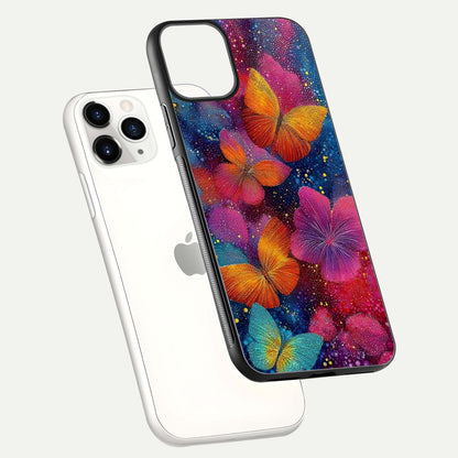 Butterfly Dream Mist Glass Case for iPhone 11 Pro floating mockup displaying glass shine and ethereal art depth