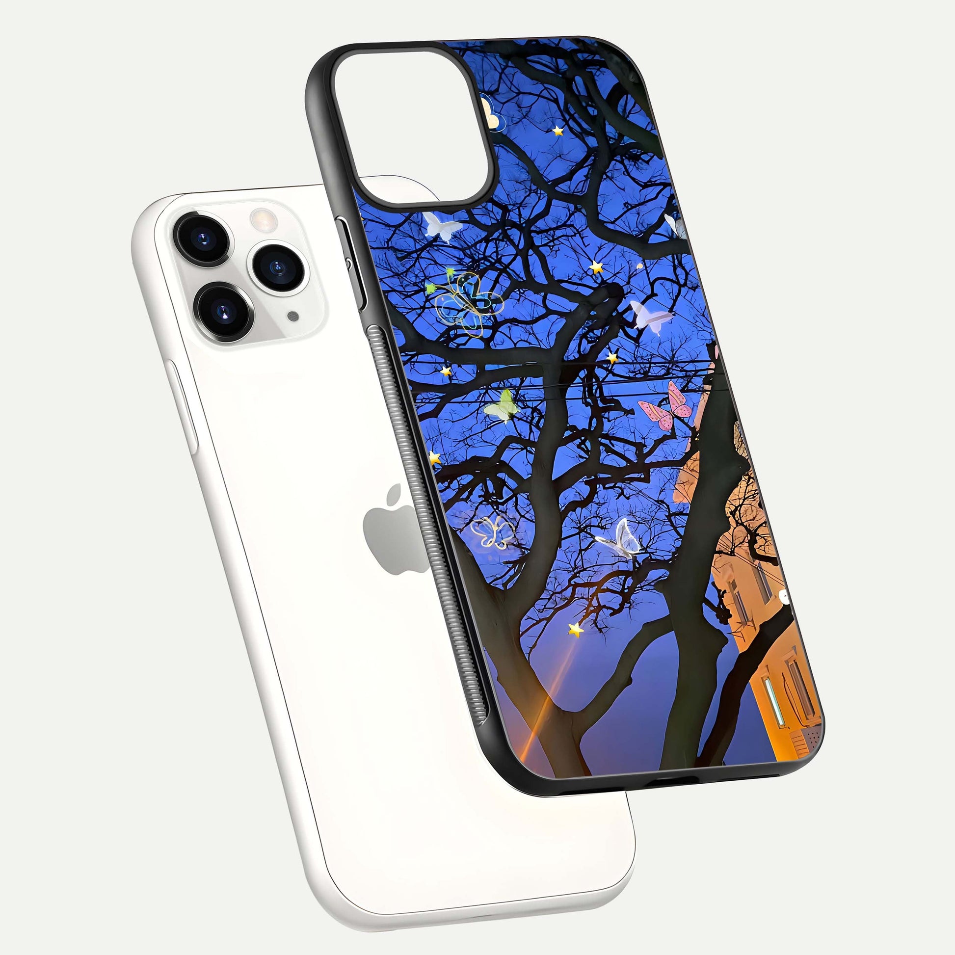 Butterfly Night Magic Glass Case for iPhone 11 Pro floating mockup showing night glow and smooth polish