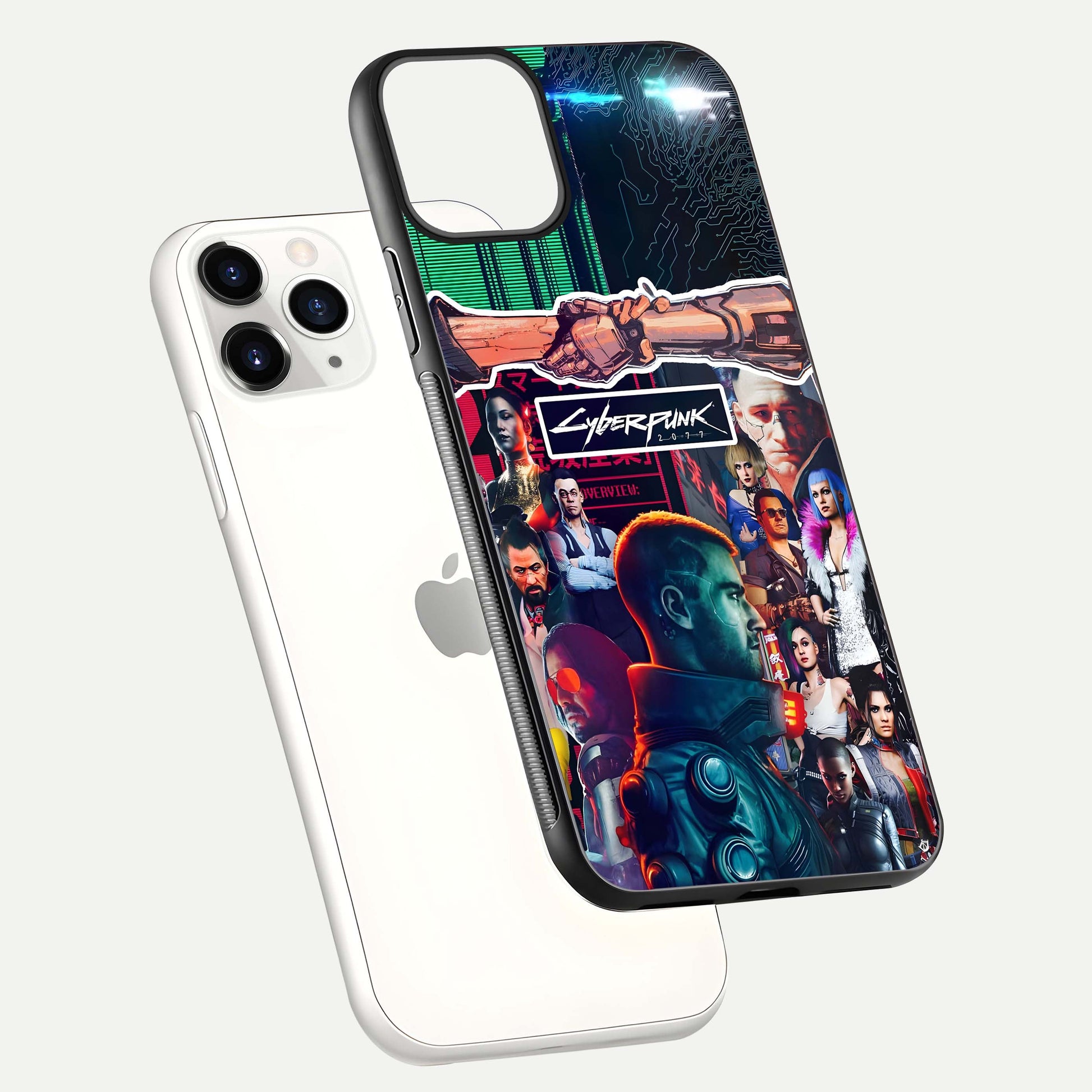 CYBERPUNK Legacy Glass Case for iPhone 11 Pro floating mockup showing HD gloss and neon glow detail