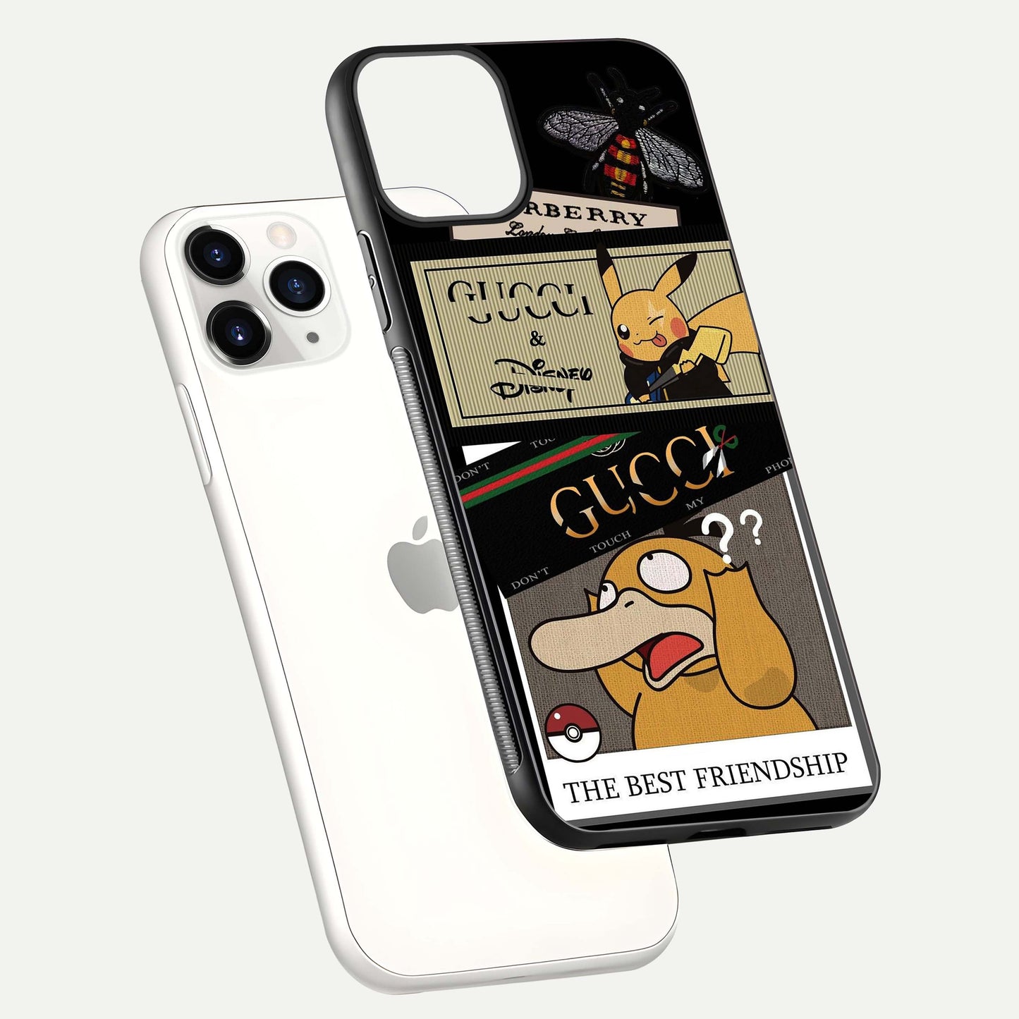 Cartoon Brand Play Mashup Glass Case for iPhone 11 Pro floating dual-view mockup showing gloss surface and vivid reflection