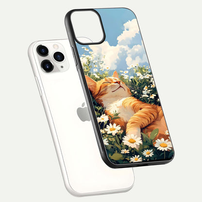 Cat & Flowers View Glass Case for iPhone 11 Pro floating mockup showing design reflection and protective edges