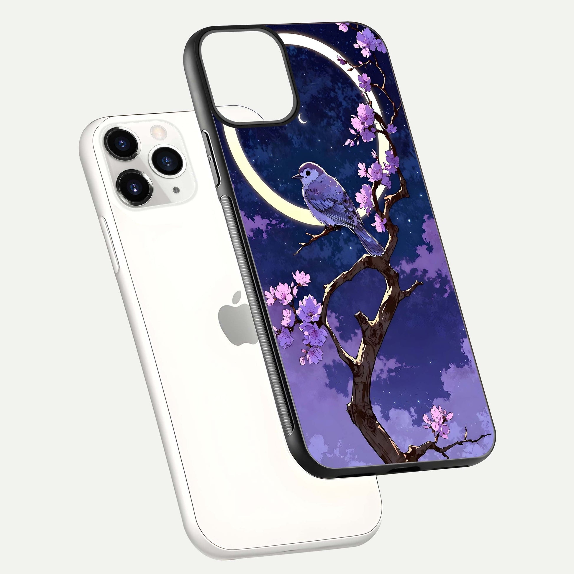 Celestial Bird Blossom Glass Case for iPhone 11 Pro floating mockup showing cosmic floral tones and HD gloss