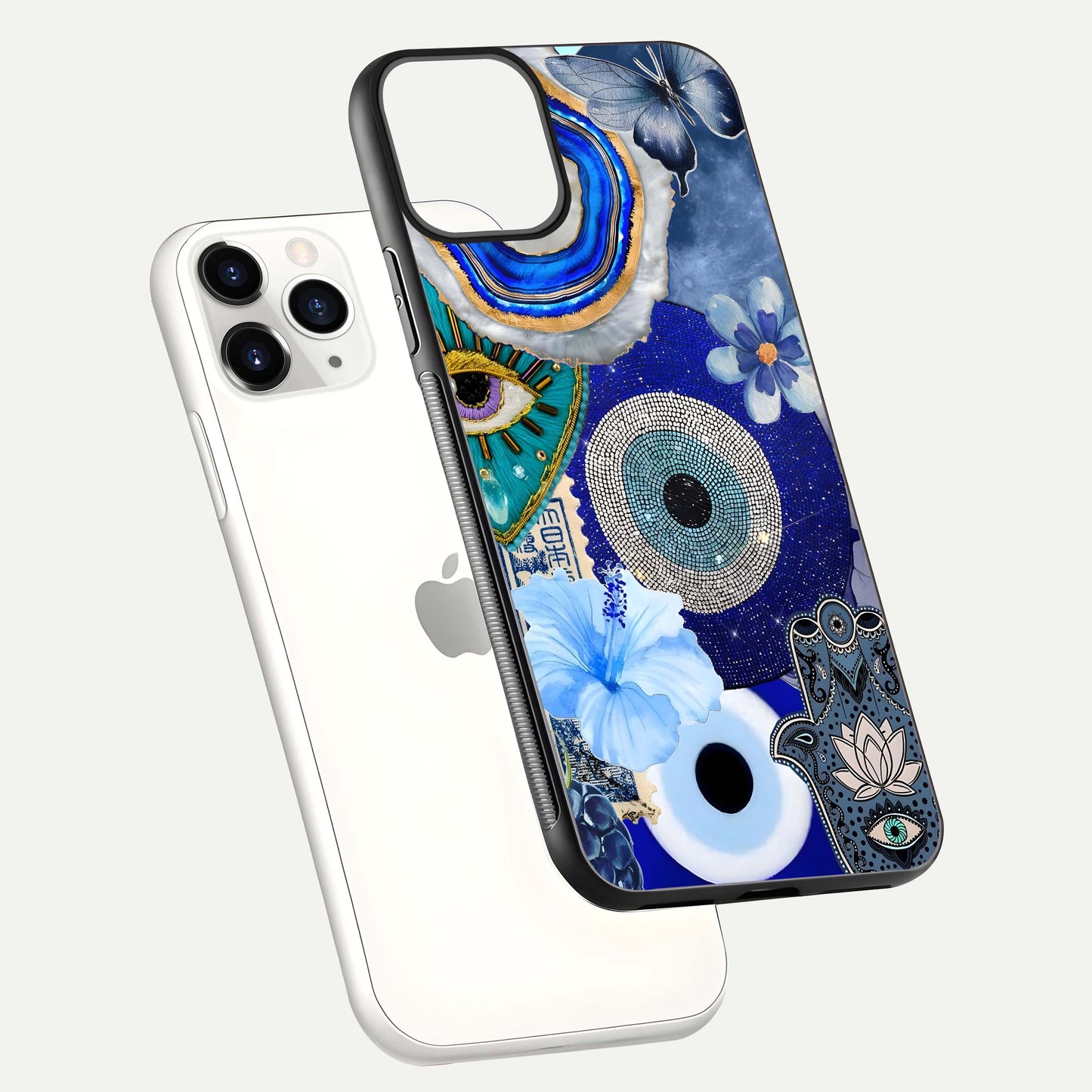 Celestial Blue Vision Glass Case for iPhone 11 Pro floating mockup showing gloss depth and night-sky pattern