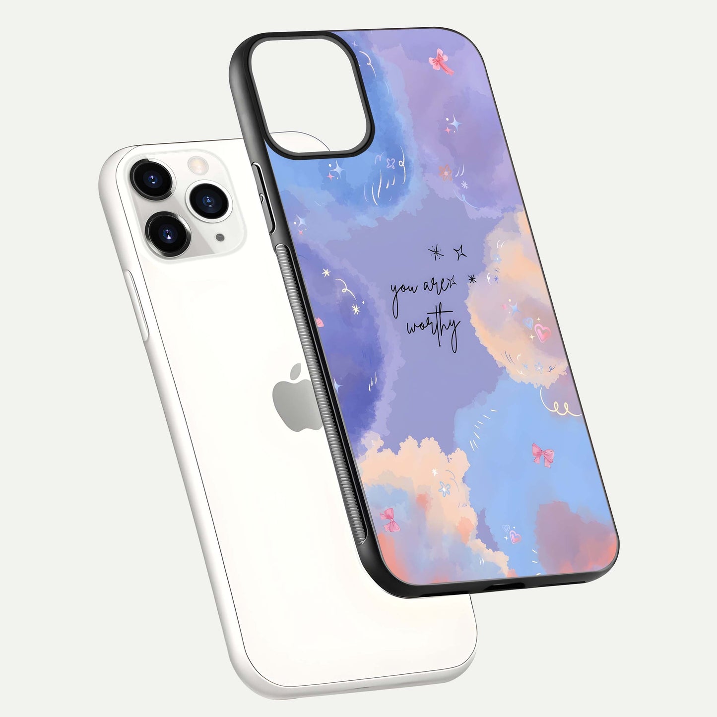 Celestial Cloud Magic Glass Case for iPhone 11 Pro floating mockup displaying cloud aura and HD finish