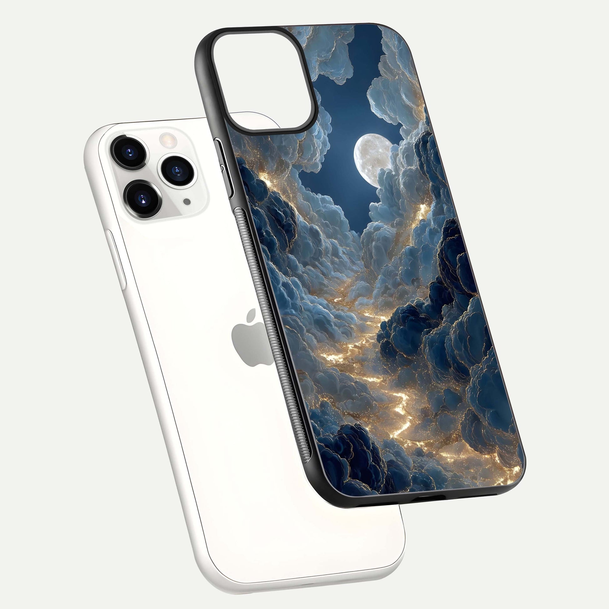 Celestial Cloud Road Glass Case for iPhone 11 Pro floating mockup capturing glowing horizon and HD gloss