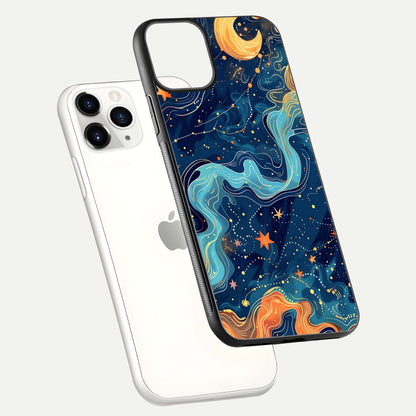 Celestial Dream Flow Glass Case for iPhone 11 Pro floating mockup displaying gloss shimmer and artistic composition