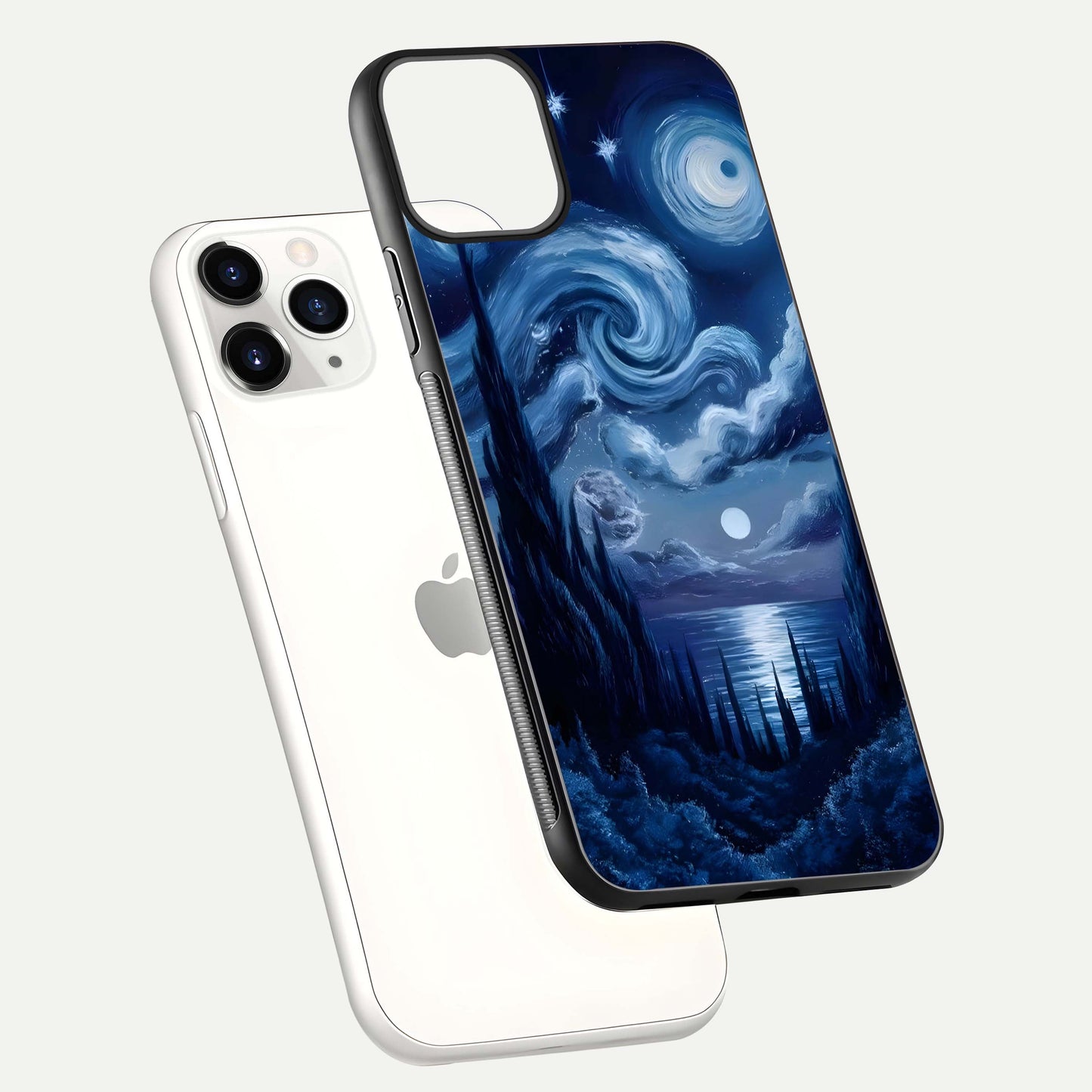 Celestial Dream Van Gogh Glass Case for iPhone 11 Pro floating mockup highlighting cosmic tones and smooth gloss