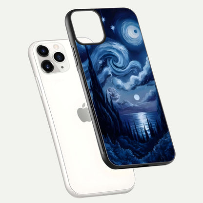 Celestial Dream Van Gogh Glass Case for iPhone 11 Pro floating mockup highlighting cosmic tones and smooth gloss