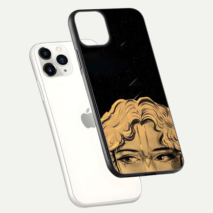 Celestial God’s Plan Glass Case for iPhone 11 Pro floating dual-view mockup displaying gloss surface and vivid print