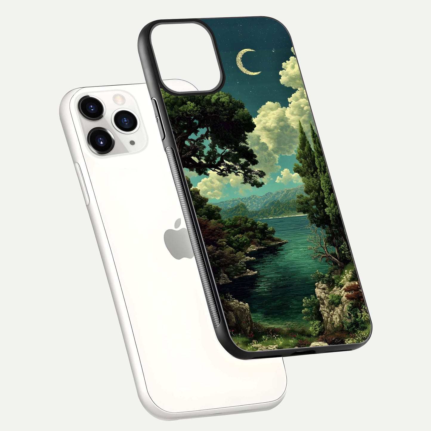 Celestial Lake Peace Glass Case for iPhone 11 Pro floating mockup capturing calm tones and smooth polish