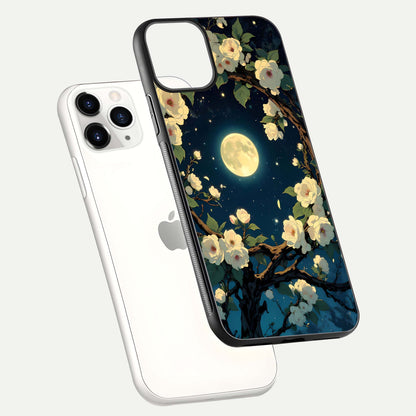 Celestial Moon & Flower Glass Case for iPhone 11 Pro floating mockup emphasizing HD shine and delicate texture