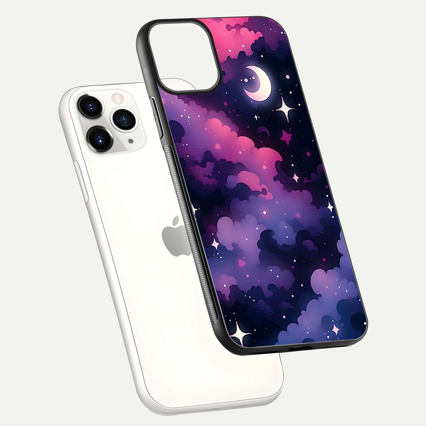 Celestial Moon Magic Glass Case for iPhone 11 Pro floating mockup showing reflection gradient and smooth polish