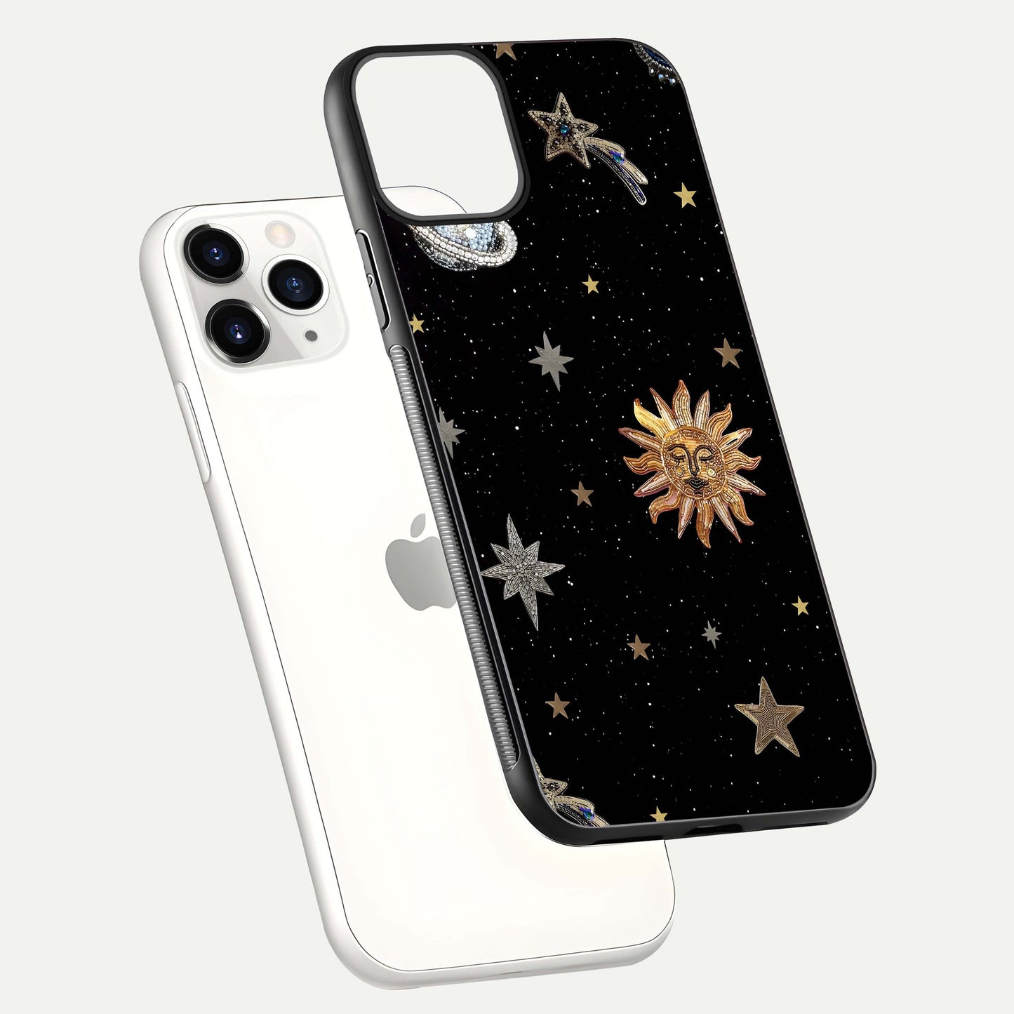 Celestial Moon With Stars Glass Case for iPhone 11 Pro floating mockup emphasizing star depth and gloss clarity