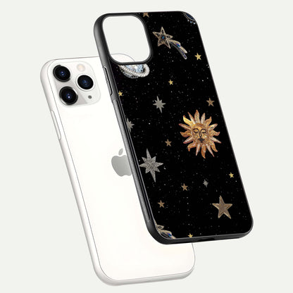 Celestial Moon With Stars Glass Case for iPhone 11 Pro floating mockup emphasizing star depth and gloss clarity