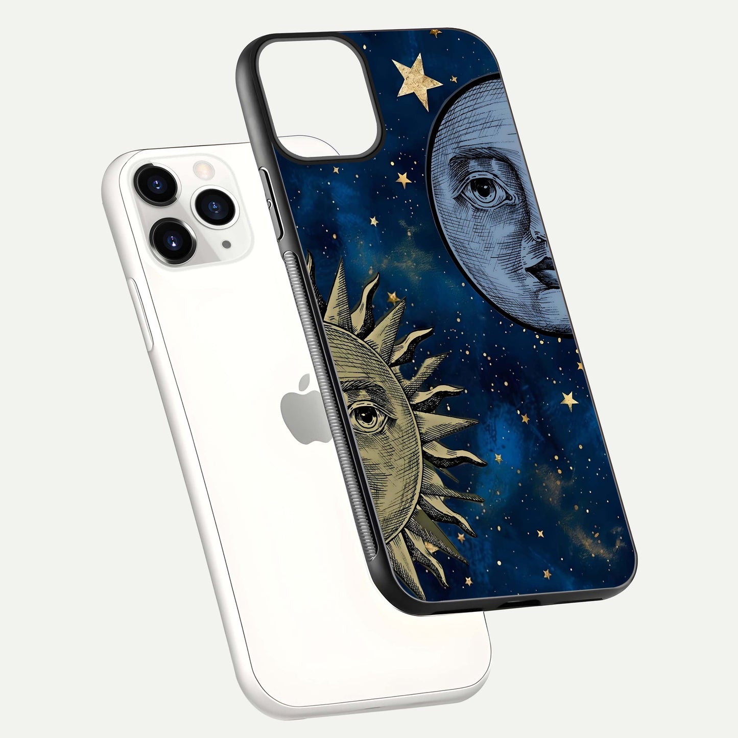 Celestial Moon With Sun Glass Case for iPhone 11 Pro floating mockup displaying vibrant contrast and HD gloss