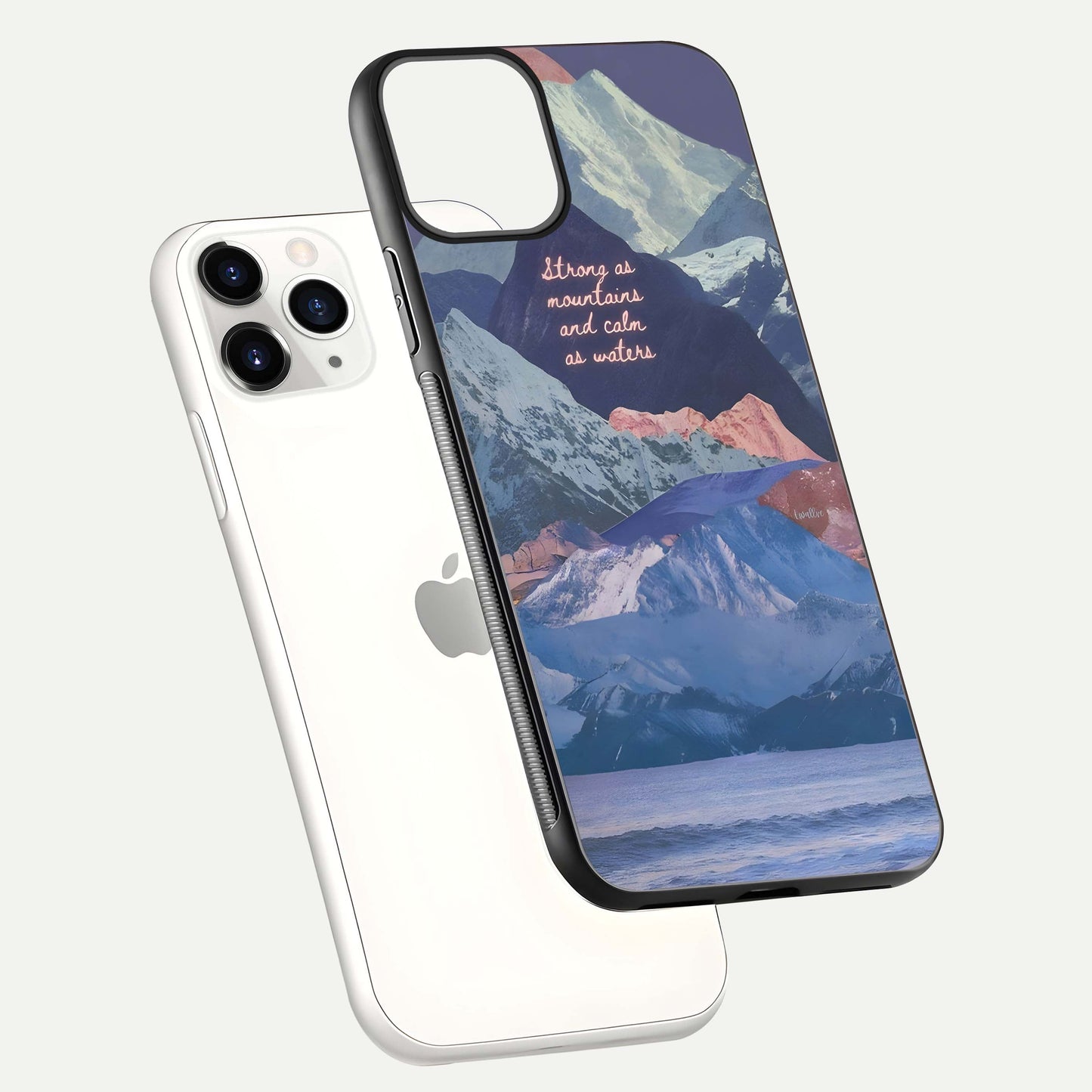 Celestial Mountain Calm Glass Case for iPhone 11 Pro floating mockup showing glow depth and polished edges