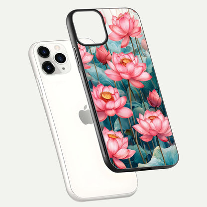 Celestial Pink Lotus Glass Case for iPhone 11 Pro floating mockup displaying cosmic tone and gloss surface