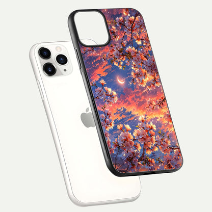 Celestial Sakura Sunset Glass Case for iPhone 11 Pro floating mockup capturing sunset hue and smooth gloss