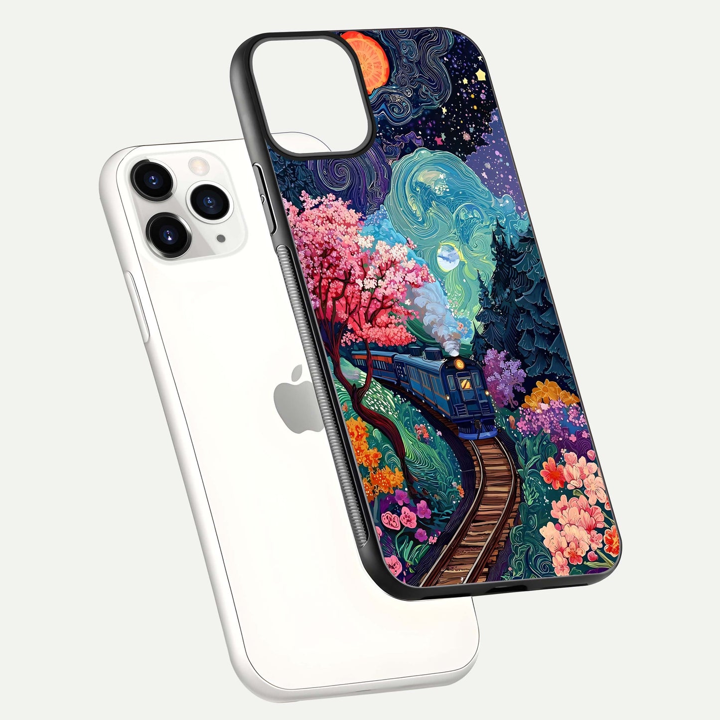 Celestial Train Journey Glass Case for iPhone 11 Pro floating mockup capturing gloss reflection and deep night hues