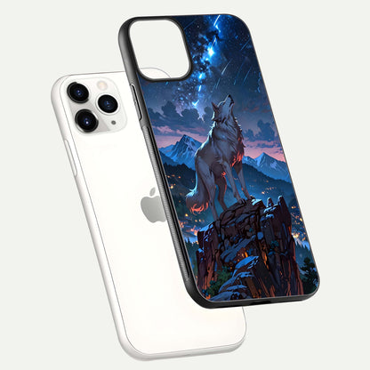 Celestial Wolf Howl Glass Case for iPhone 11 Pro floating mockup capturing reflection depth and silver gloss