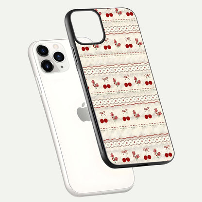 Cherry Bloom Charm Glass Case for iPhone 11 Pro floating mockup showing bloom texture and polished gloss