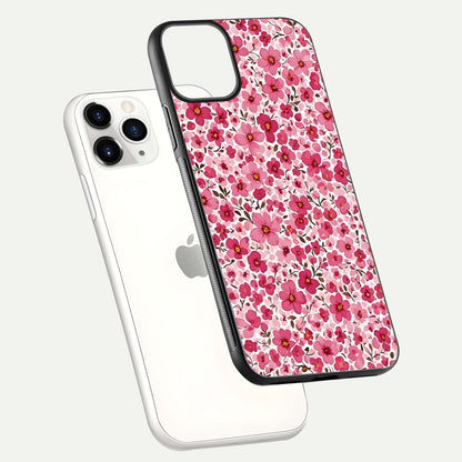 Cherry Blossom Charm Glass Case for iPhone 11 Pro floating mockup displaying pink tone flow and polished edges
