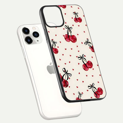 Cherry Heart Bow Glass Case for iPhone 11 Pro floating mockup showing reflection and HD print detail