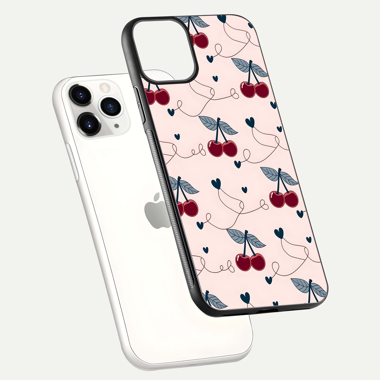 Cherry Heart Line Glass Case for iPhone 11 Pro floating mockup showing gloss polish and bright tones