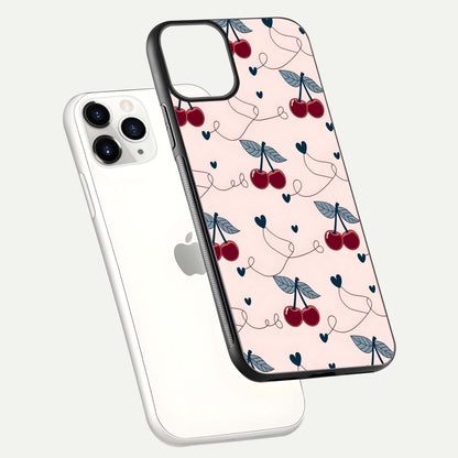 Cherry Heart Line Glass Case for iPhone 11 Pro floating mockup showing gloss polish and bright tones
