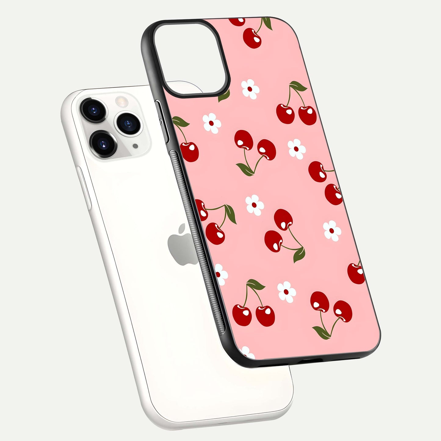 Cherry Love Mood Glass Case for iPhone 11 Pro floating mockup showing HD gloss reflection and red tones