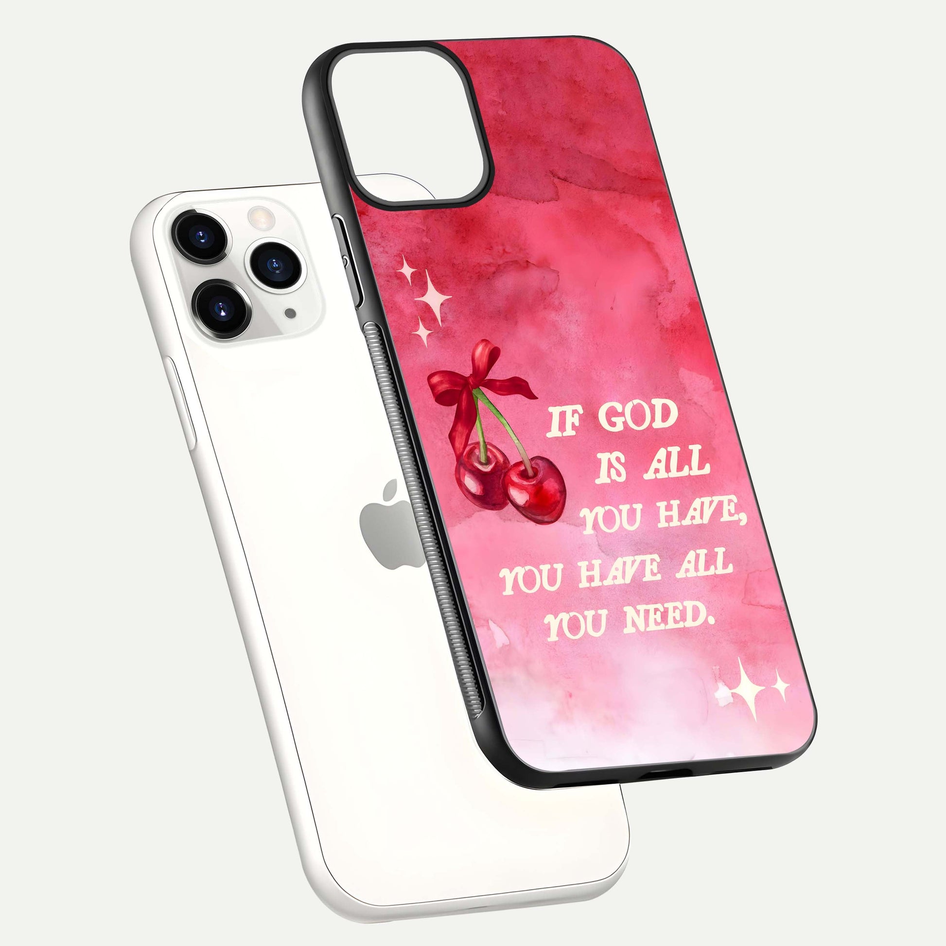 Cherry Quote Glass Case for iPhone 11 Pro floating mockup capturing shine texture and clear typography