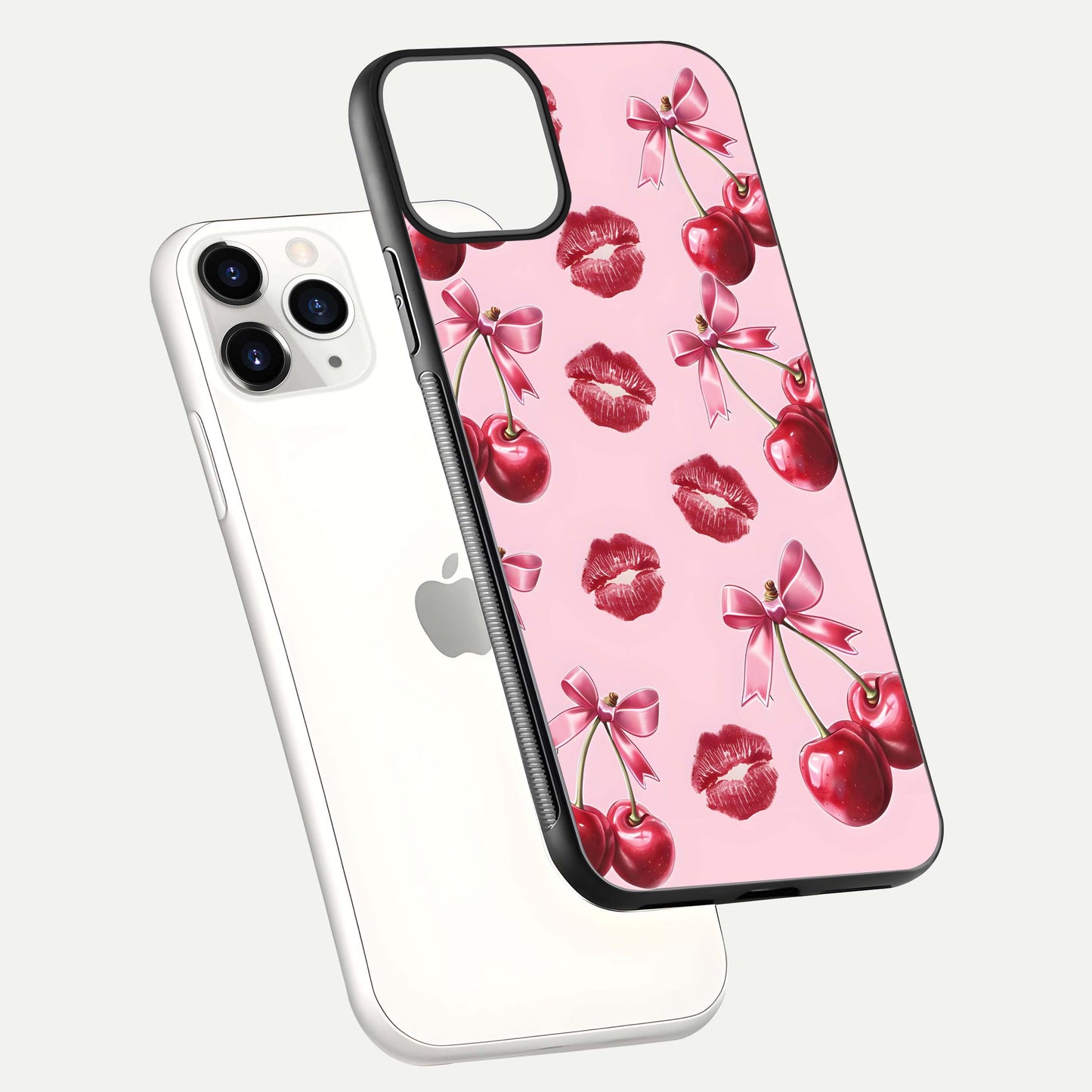 Cherry With Lips Glass Case for iPhone 11 Pro floating mockup showing HD gloss and pop-art inspired tones