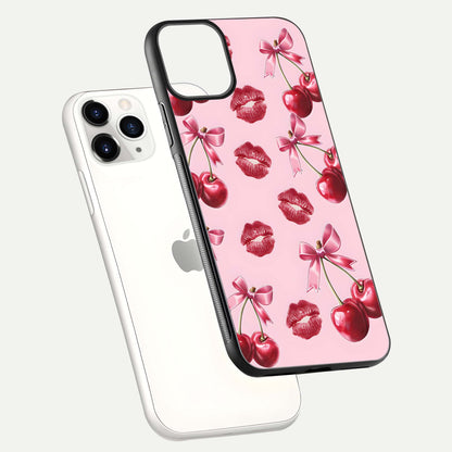 Cherry With Lips Glass Case for iPhone 11 Pro floating mockup showing HD gloss and pop-art inspired tones