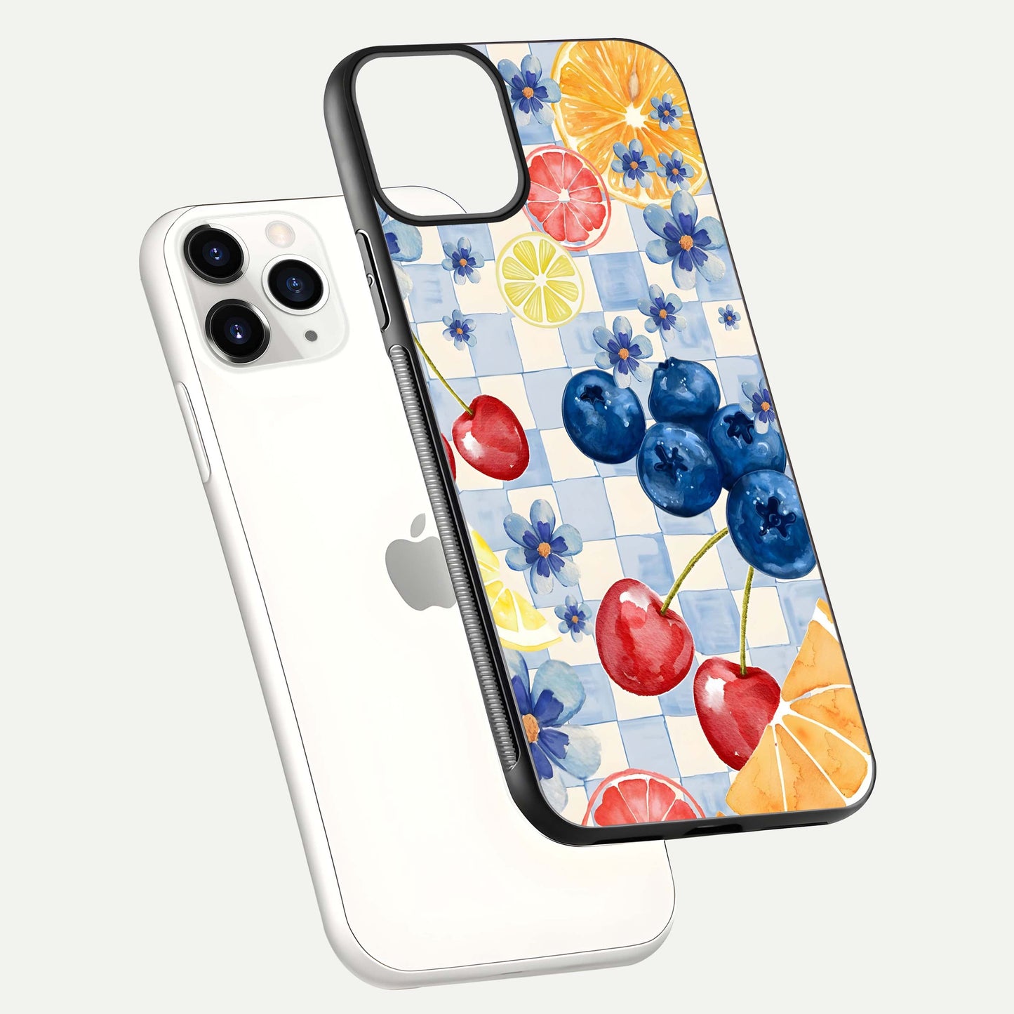 Citrus Bloom Joy Glass Case for iPhone 11 Pro floating mockup showing HD gloss and lively tone