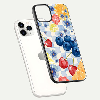 Citrus Bloom Joy Glass Case for iPhone 11 Pro floating mockup showing HD gloss and lively tone