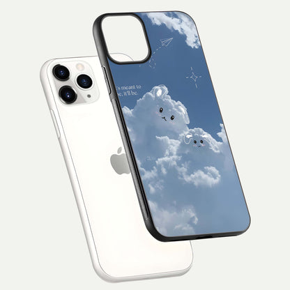 Cloud Bunny Dreams Glass Case for iPhone 11 Pro floating mockup showing soft gradient and gloss reflection