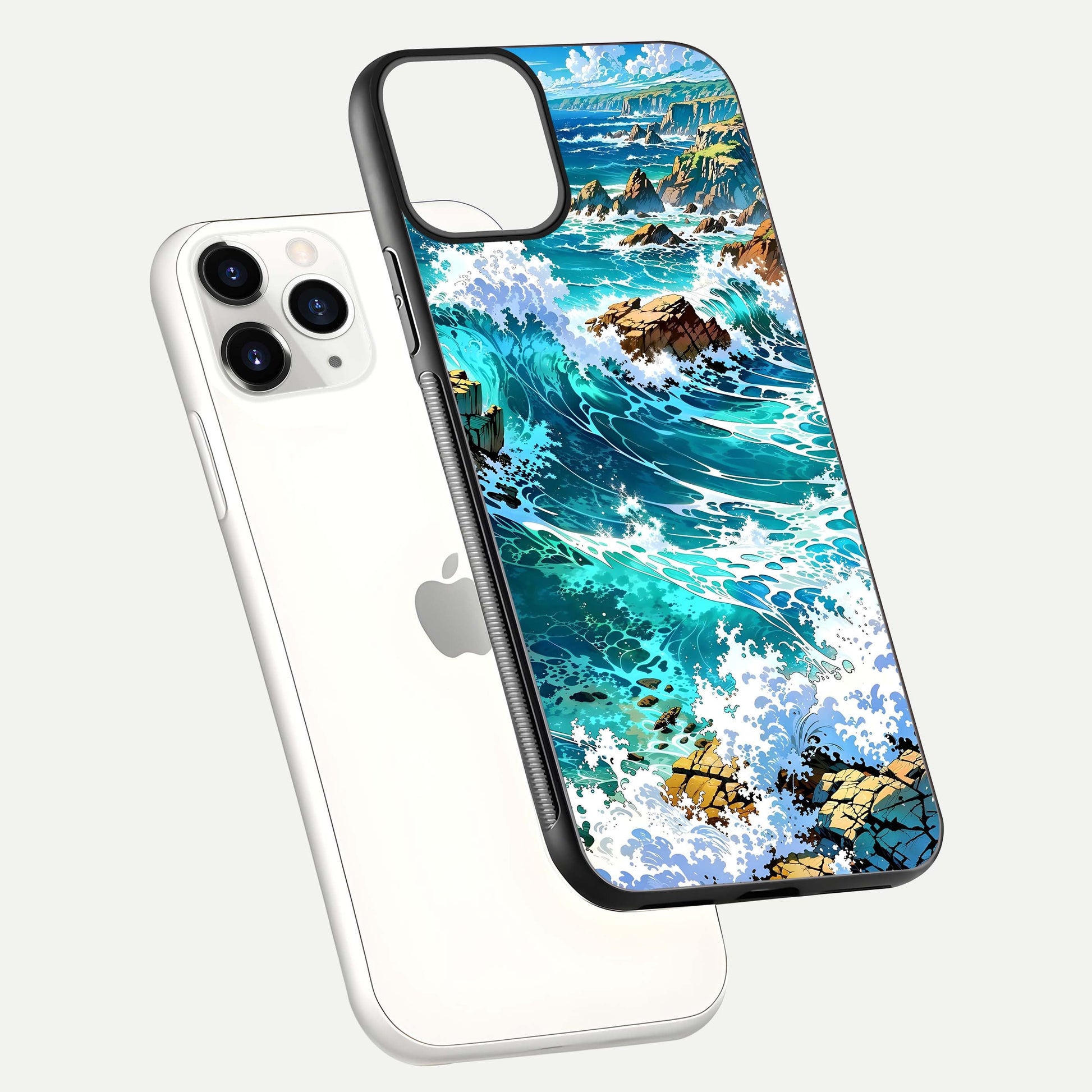 Coastal Blue Waves Glass Case for iPhone 11 Pro floating mockup showing HD reflection and wave details