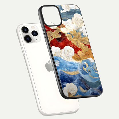 Colored Waves Glass Case for iPhone 11 Pro floating dual-view mockup displaying gloss finish and color contrast