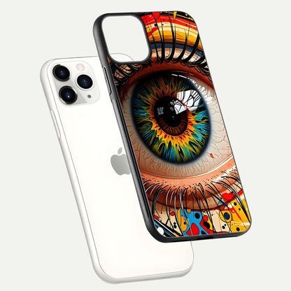 Colorful Eye Glass Case for iPhone 11 Pro floating mockup showing bright contrast and gloss clarity