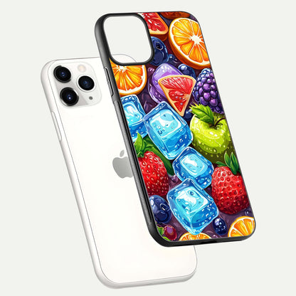 Colorful Fruits with Ice Glass Case for iPhone 11 Pro floating mockup showing bright shine and crystal clarity