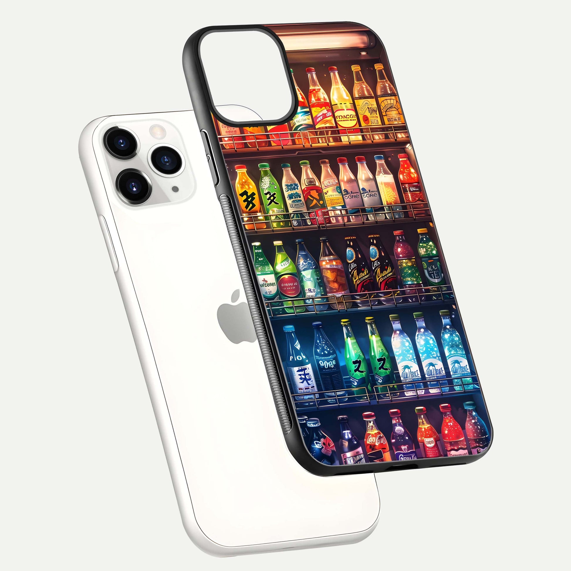 Colorful Soda Bottles Glass Case for iPhone 11 Pro floating mockup showing light reflection and bright gloss