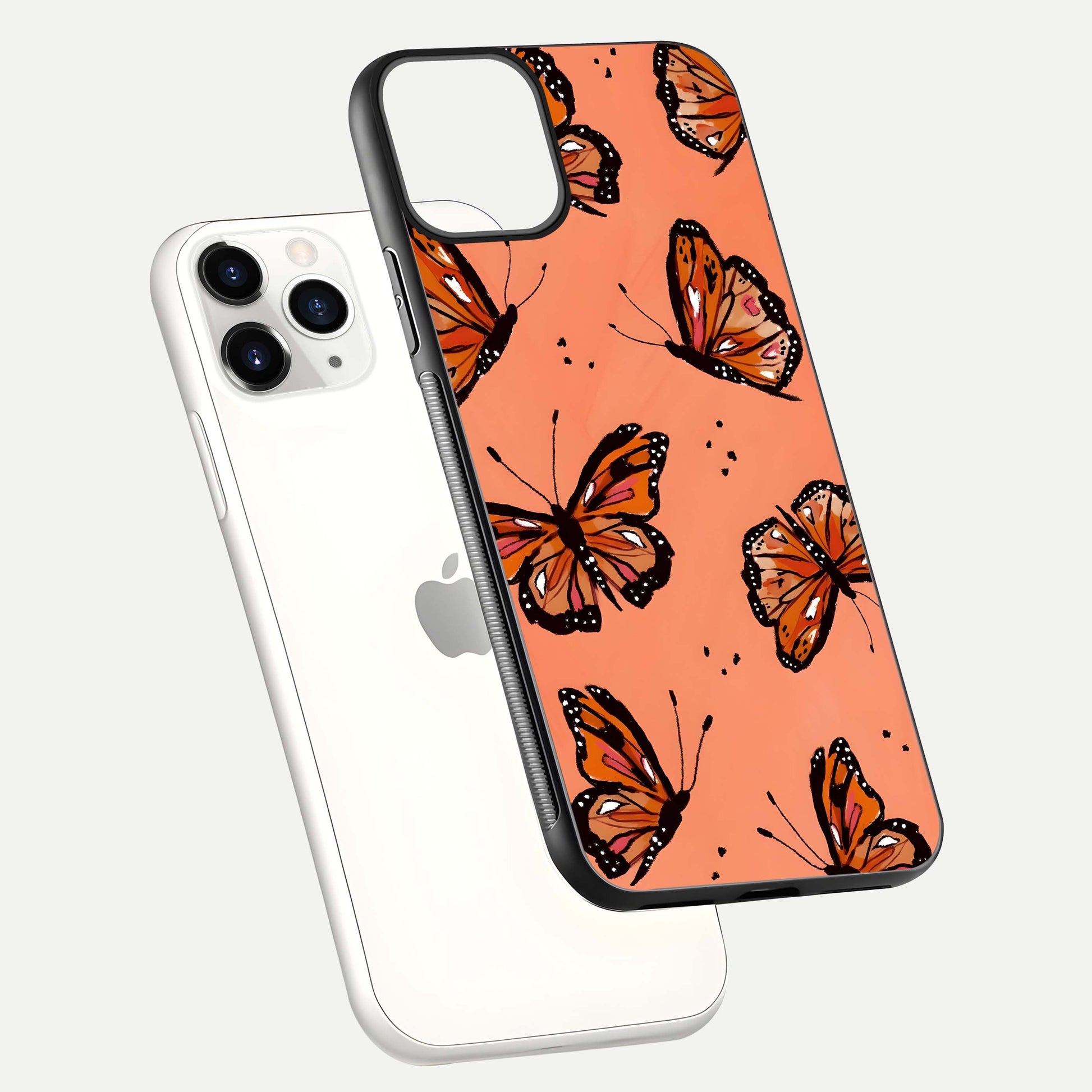 Coral Wing Butterfly Glass Case for iPhone 11 Pro floating mockup showing HD gloss texture and vivid coral color