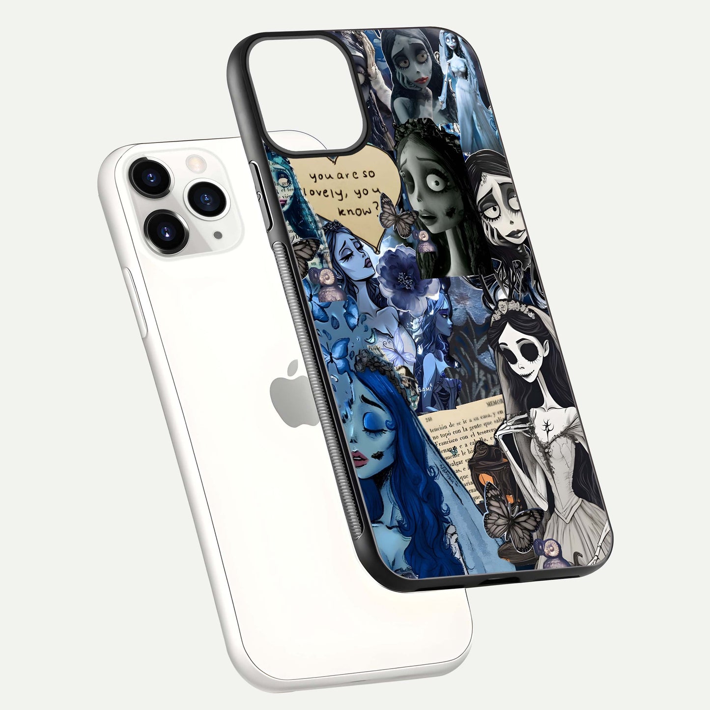 Corpse Bride Posters Glass Case for iPhone 11 Pro floating mockup showing shine texture and clear design