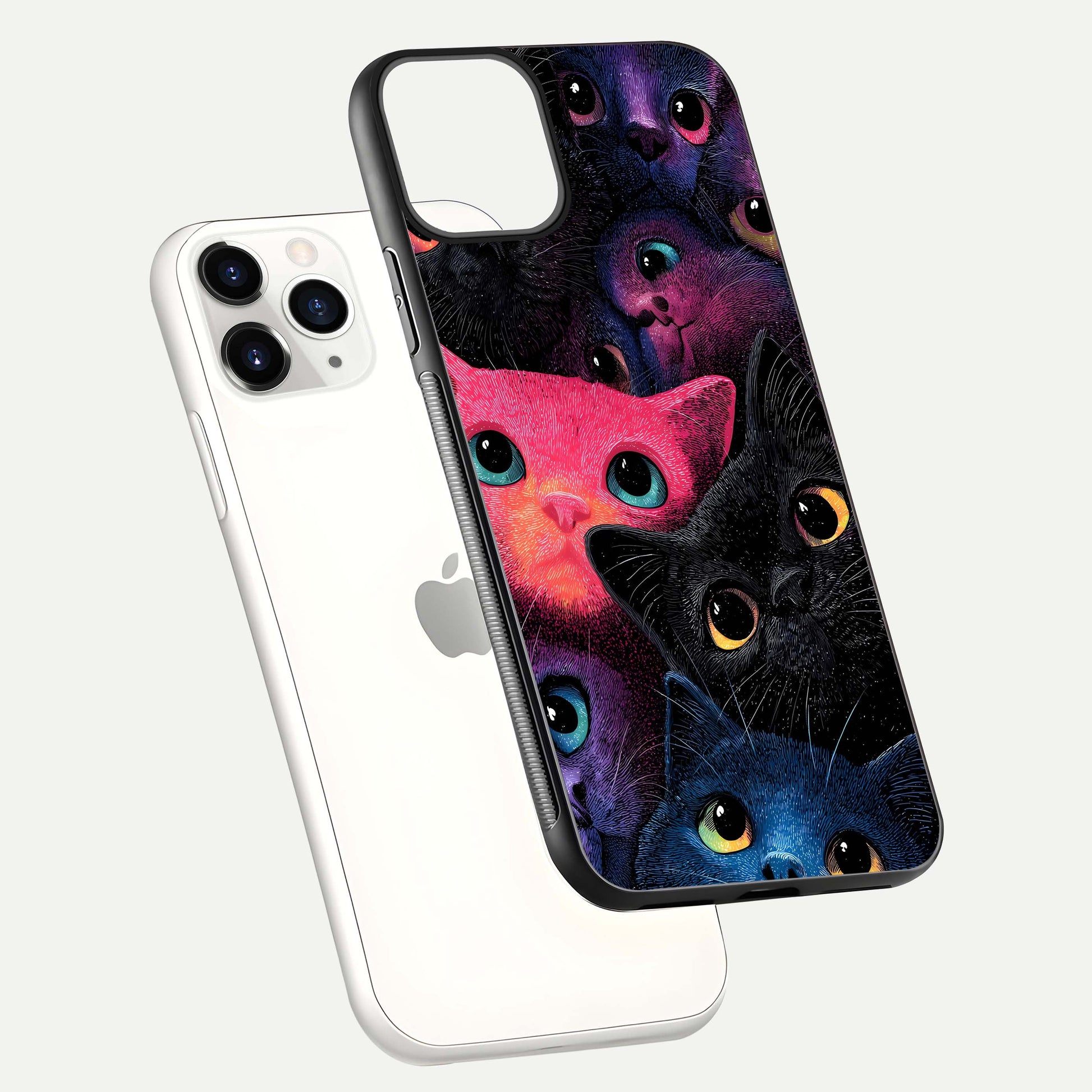Cosmic Cats Dreams Glass Case for iPhone 11 Pro floating mockup showing star details and polish reflection