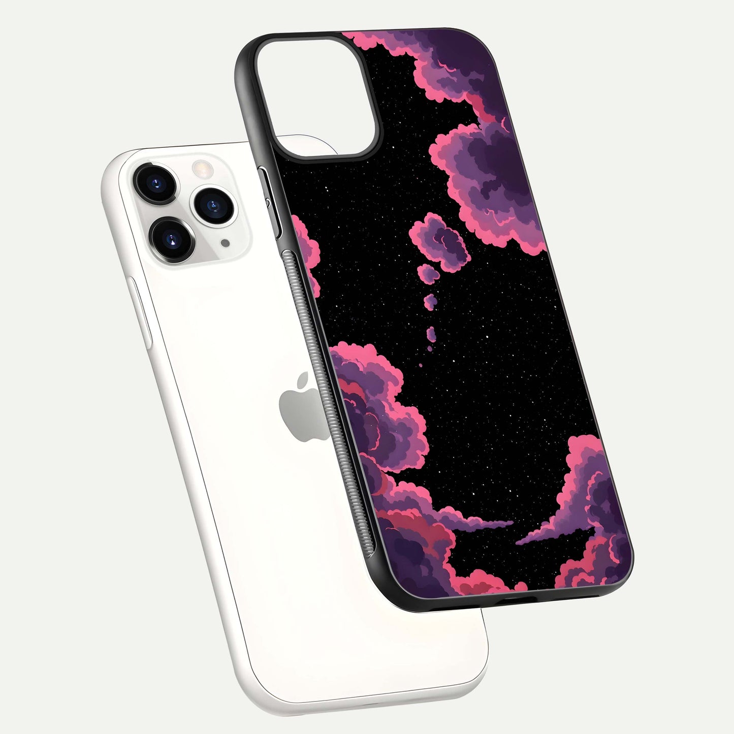 Cosmic Cloud Journey Glass Case for iPhone 11 Pro floating mockup showing HD gloss and cosmic gradient