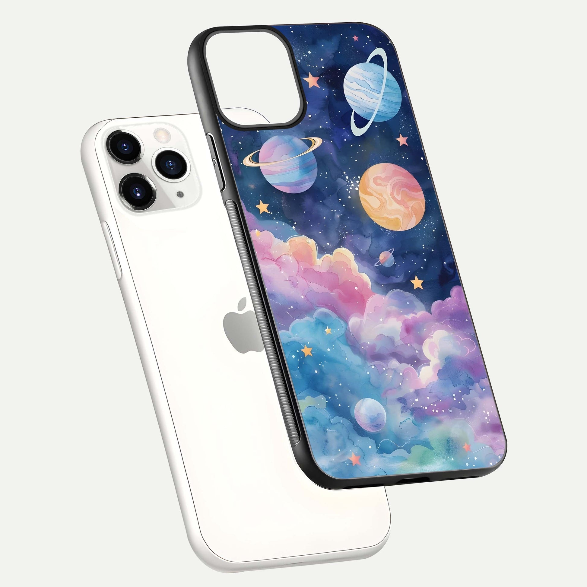 Cosmic Planet Dreams Glass Case for iPhone 11 Pro floating mockup showing HD gloss and cosmic reflection