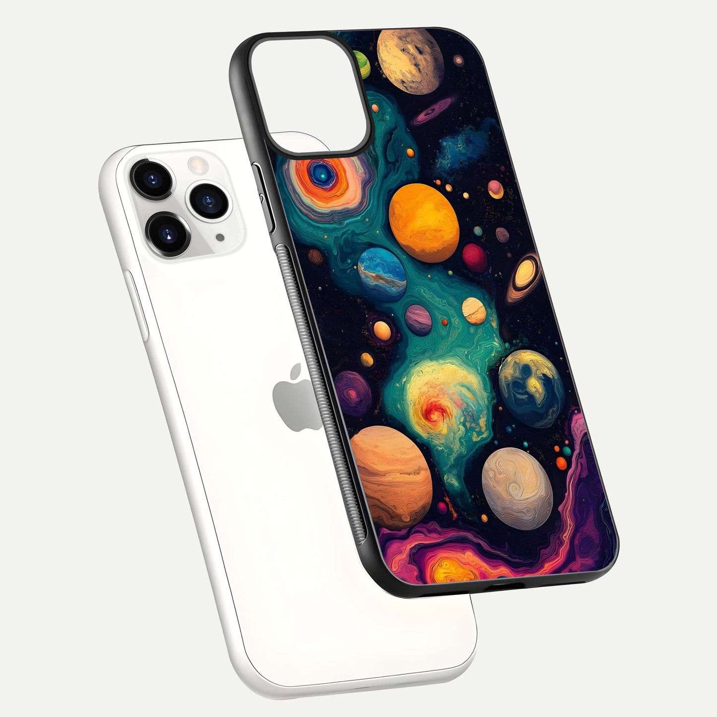 Cosmic Planet Journey Glass Case for iPhone 11 Pro floating mockup showing gloss gradient and deep shine